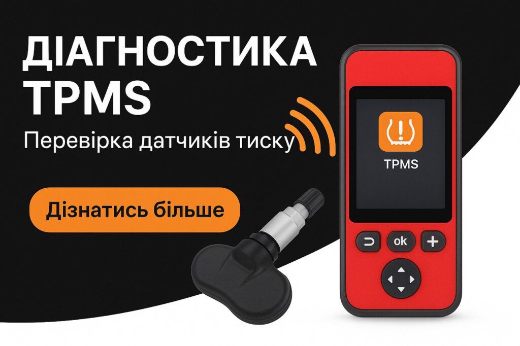 Перевірка датчиків тиску в шинах на справність, рівень заряду батареї та коректність передачі сигналу. Швидко визначаємо несправності та причину помилки на панелі приладів.